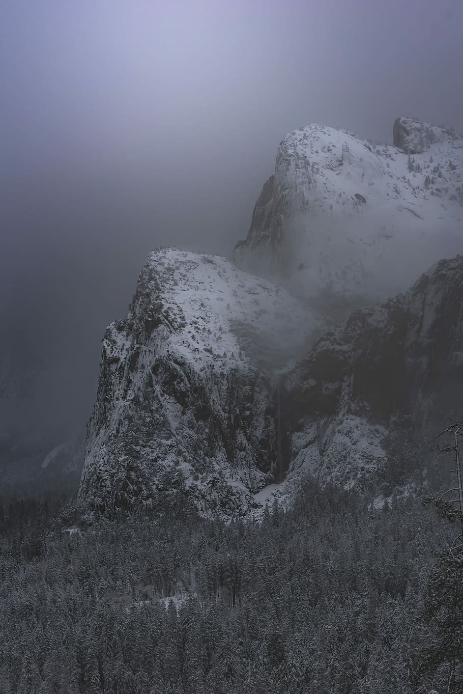 snow covered mountain under cloudy sky, snow mountain near trees during winter season HD wallpaper