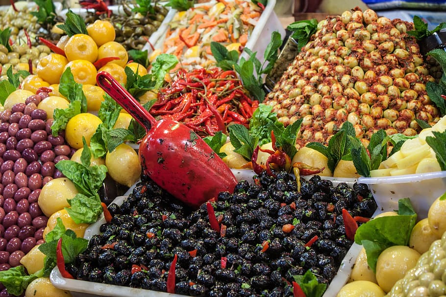 variety of food on crate, morocco, market, olives, bazaar, souk HD wallpaper