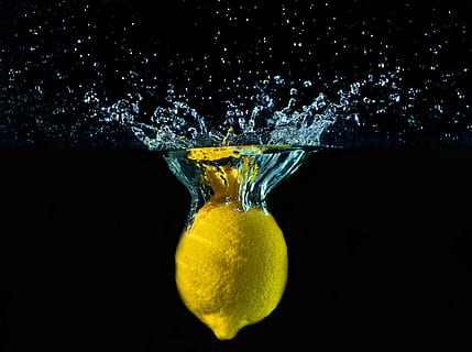 yellow lemon dropped in body of water, drops, movement, colors HD wallpaper