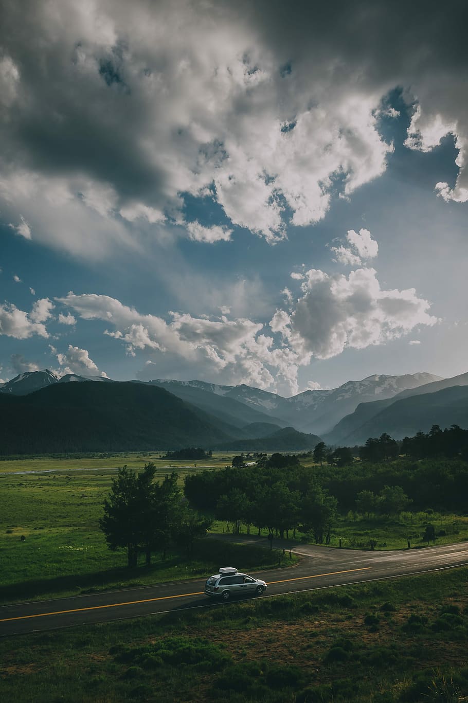 The Drive, car on street under cloudy sky, cloudscape, blue sky HD wallpaper
