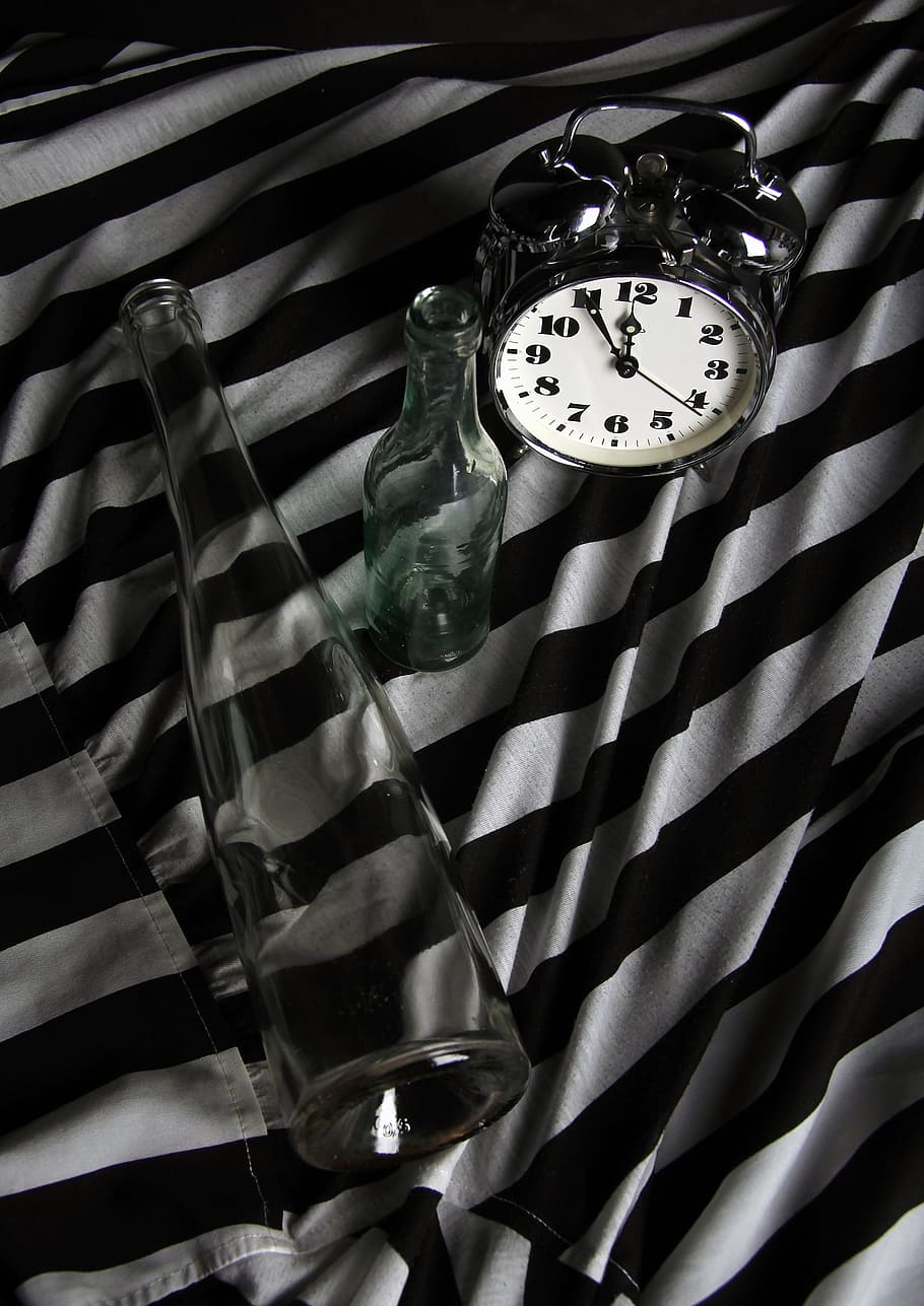 Time, Clock, Alarm Clock, Glass, Studio, b w photography, a bottle of HD wallpaper