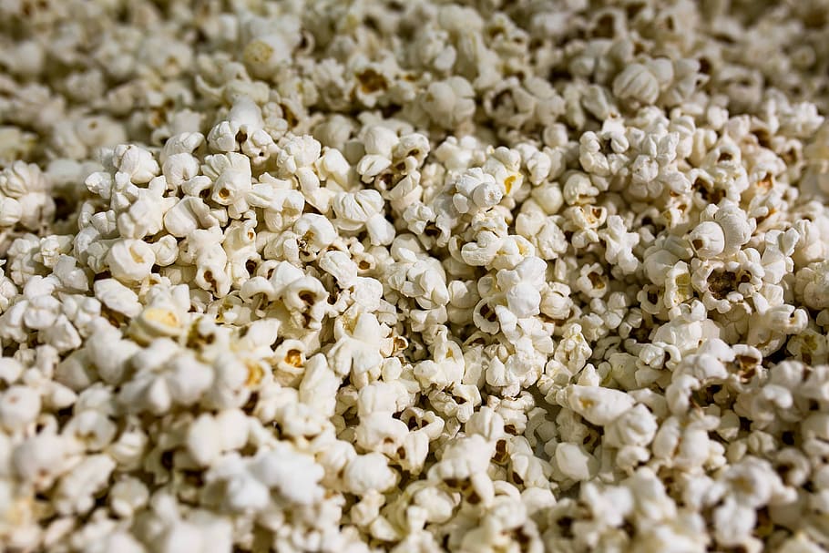 Close-up of popcorn, white, snack, kernel, macro, backgrounds, HD wallpaper