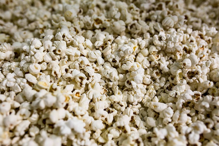 Close-up of popcorn, white, snack, kernel, macro, backgrounds HD wallpaper