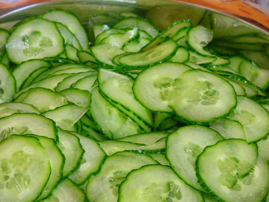 sliced cucumber on bowl, discs, salad, green, vegetables, healthy HD wallpaper