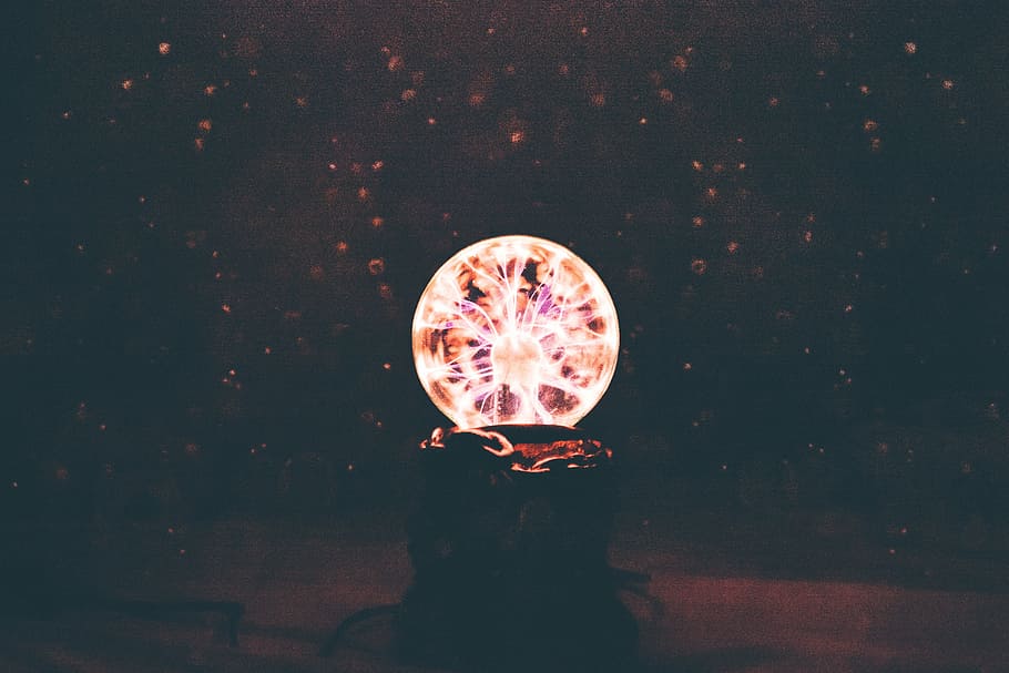 multicolored plasma ball in dim light room, round white disco ball HD wallpaper