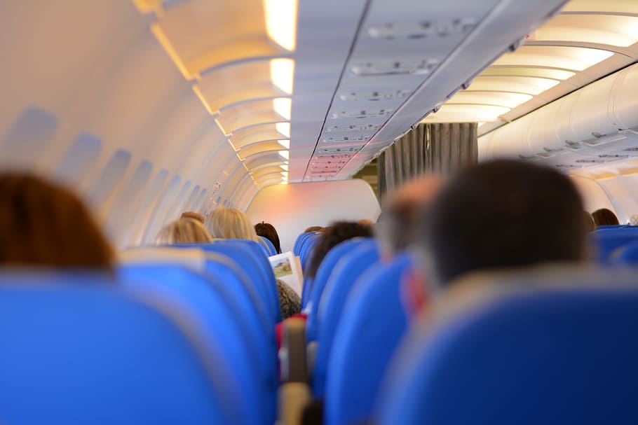 people sitting in airplane seats, passengers, airline, chairs