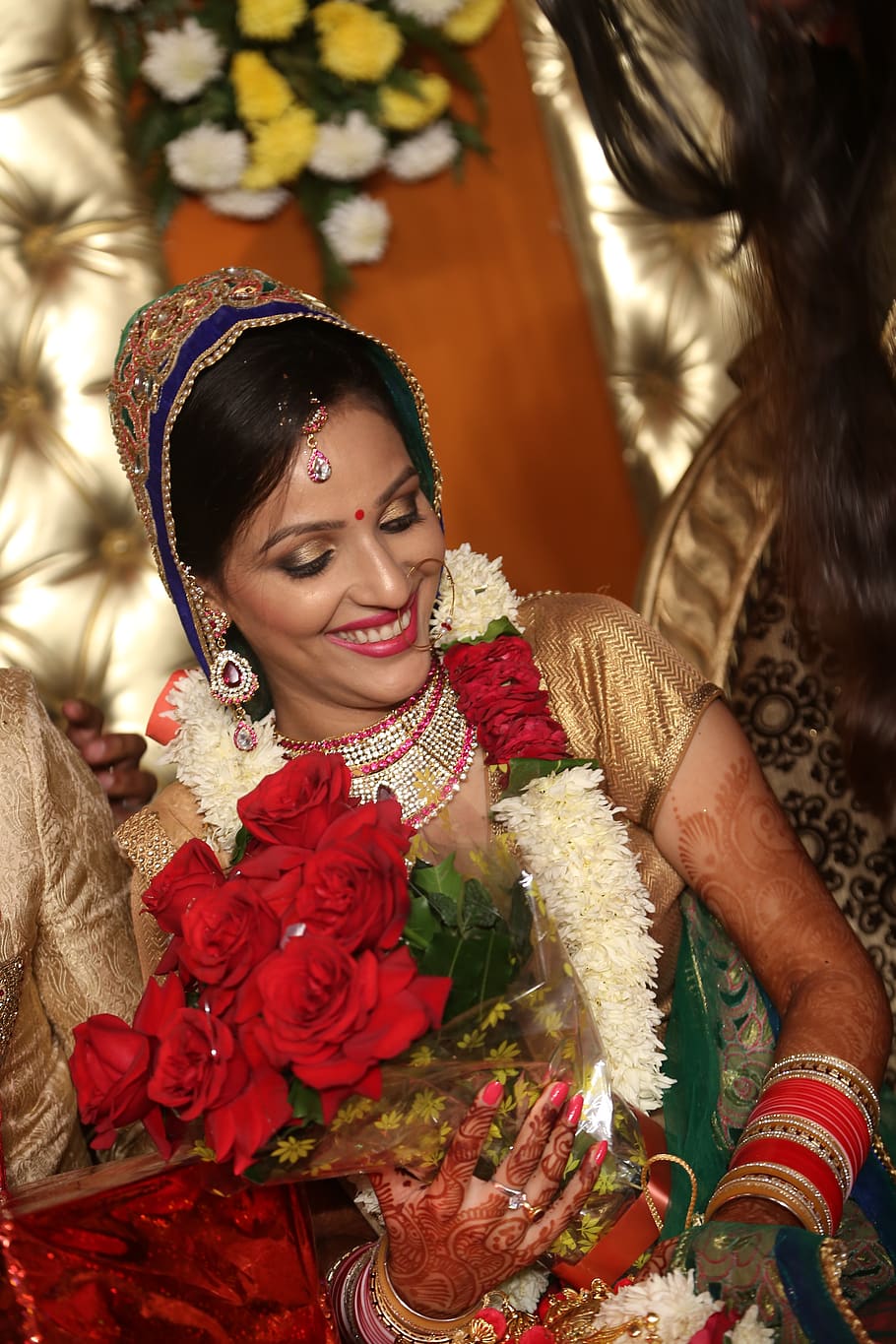 bride, wedding, marriage, indian, smiling, traditional clothing