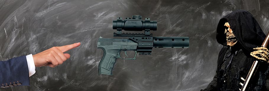 person pointing at pistol facing hooded figure, note, weapon HD wallpaper