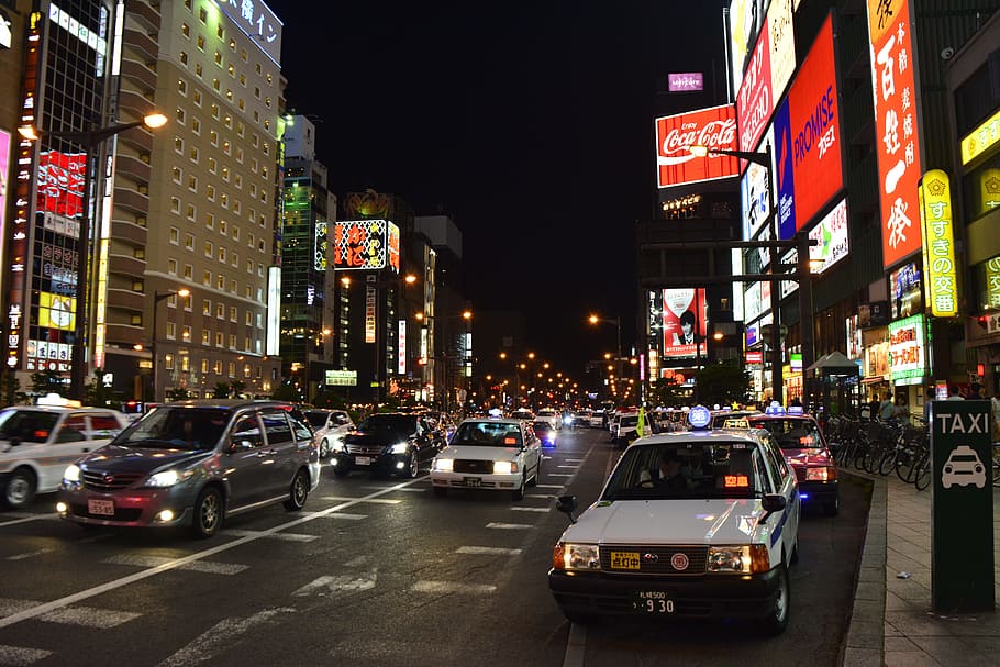 traffic jam during night time, japan, sapporo, hokkaido, asia, HD wallpaper