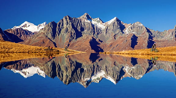 Landscape of Brown Mountain and Lake, adventure, alpine, alps HD wallpaper