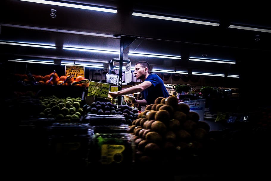 people, man, guy, alone, market, grocery, fruits, vegetable HD wallpaper