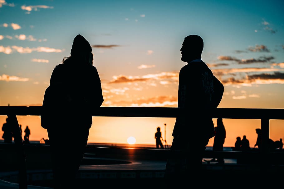 backlit, dawn, dusk, people, silhouette, sky, sun, sunrise HD wallpaper