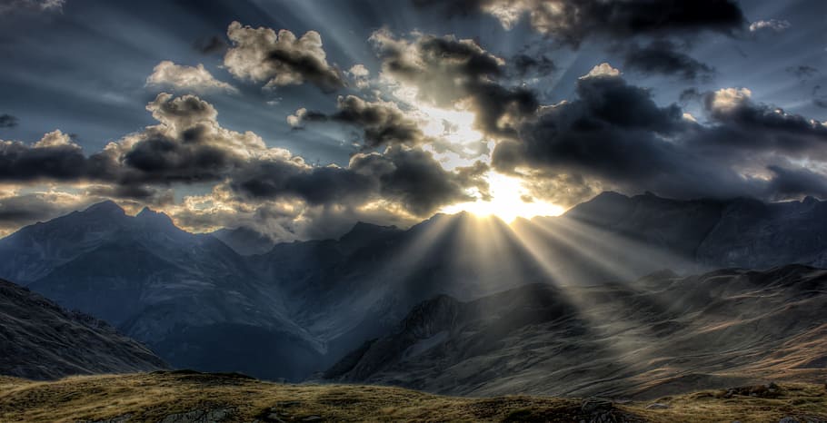 gray mountains during golden hour, alps, sky, cloudy sky, clouds HD wallpaper