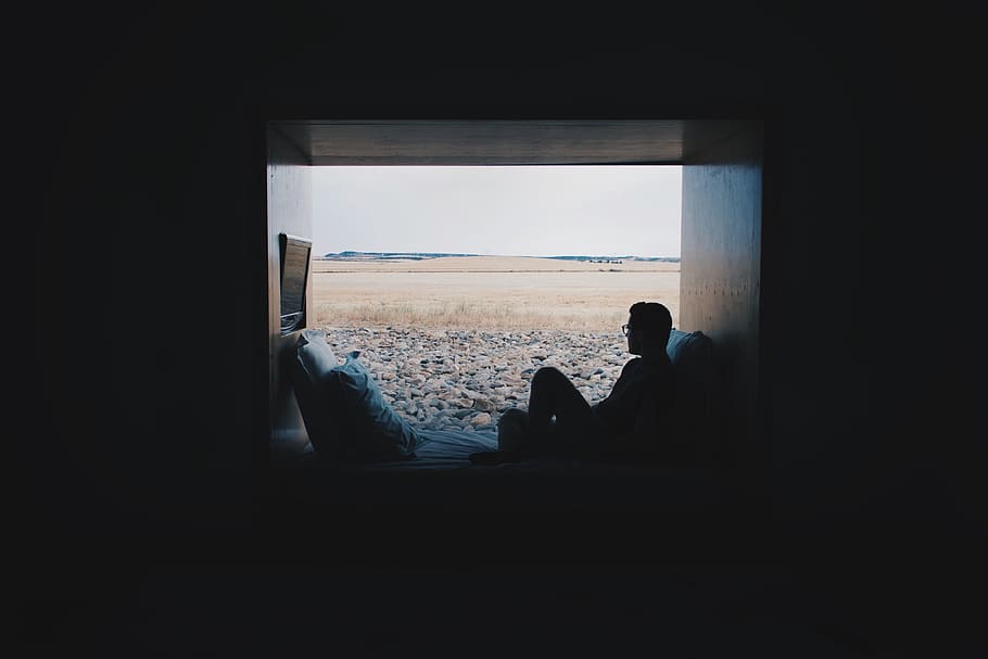 man sitting on window, landscape, outside, view, dark, room HD wallpaper