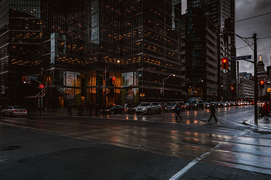 city road near buildings during midnight, red lit traffic light, HD wallpaper