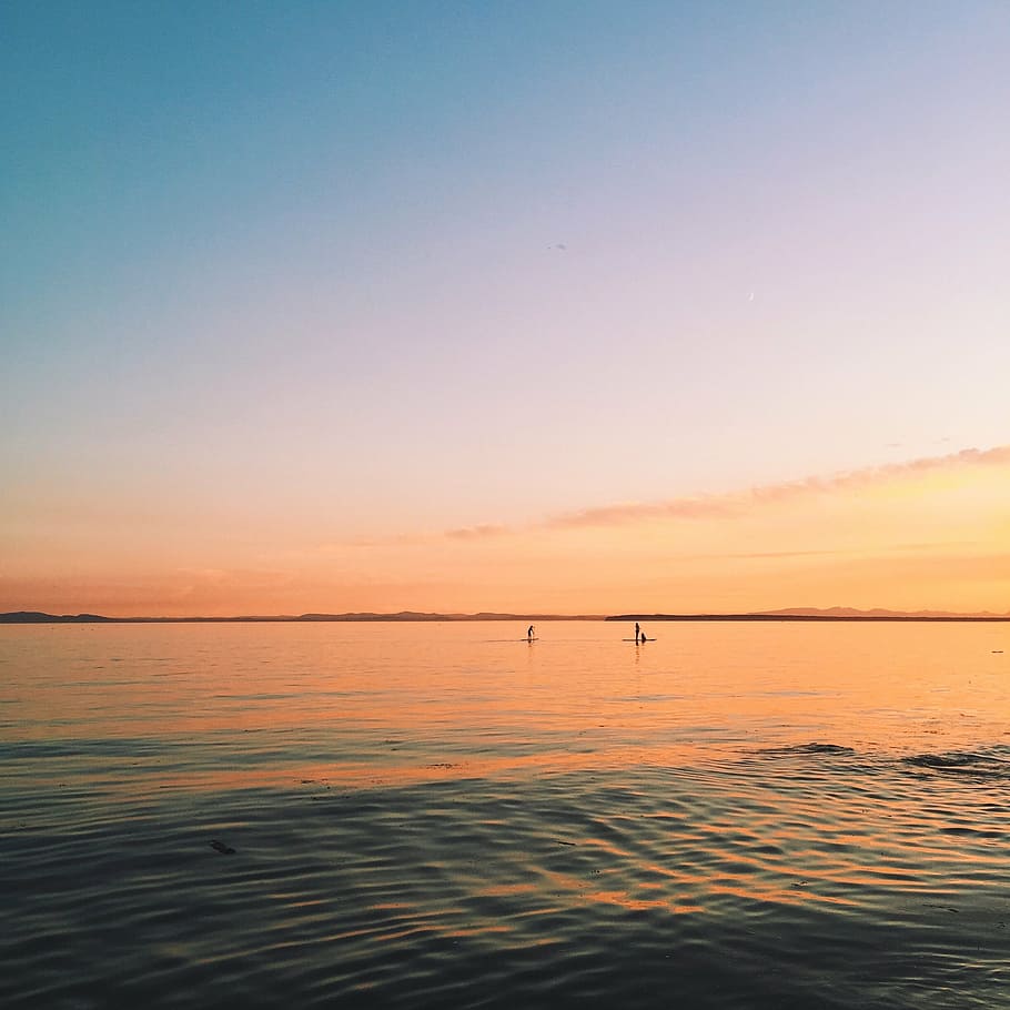 silhouette of sailboat and people on sea during sunset, ocean HD wallpaper