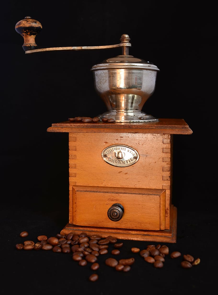 vintage brown wooden hand crank coffee grinder, old, mill, coffee beans HD wallpaper
