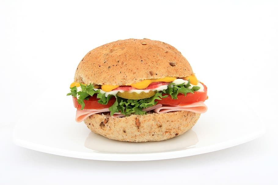 hamburger in the plate, bread, brown, bun, calories, close-up HD wallpaper