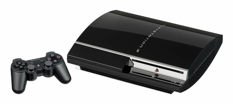 black Sony PS3 classic with wireless controller, video game console, HD wallpaper