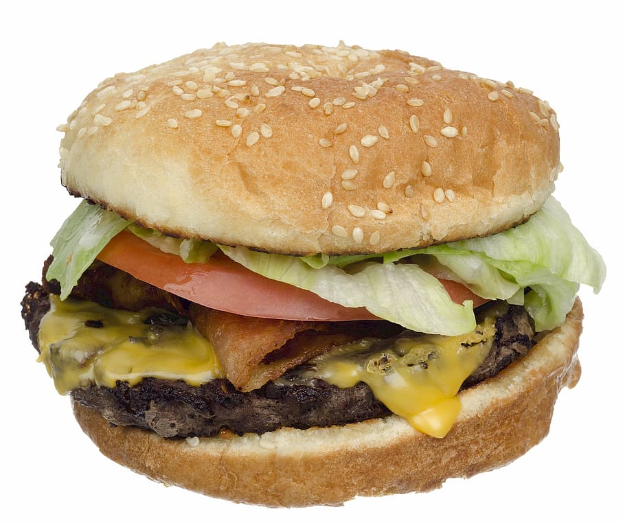 hamburger with cheese, cheeseburger, bacon, lettuce, tomato, pickle