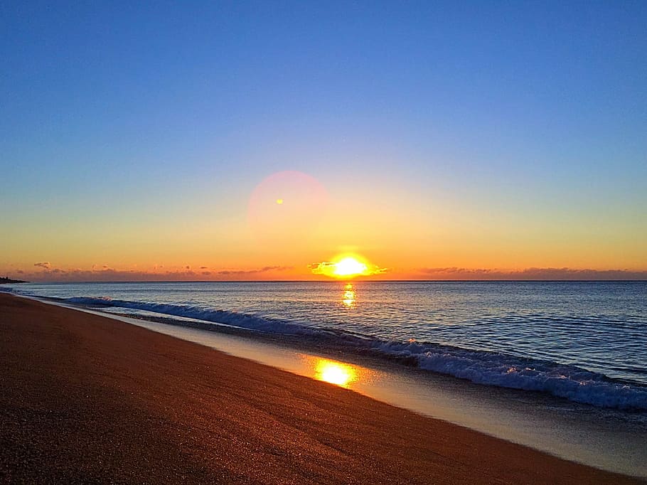 dawn, sun, beach, sand, beauty, sea, sky, water, land, sunset HD wallpaper