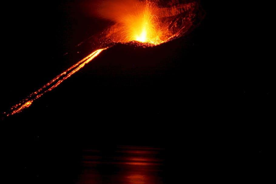 volcano eruption during night, erupting, mountain, krakatoa, indonesia