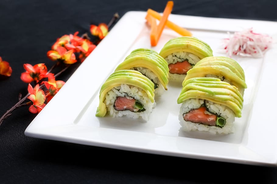 sushis on white plate, Japanese Food, Combined, oriental, gastronomy, HD wallpaper