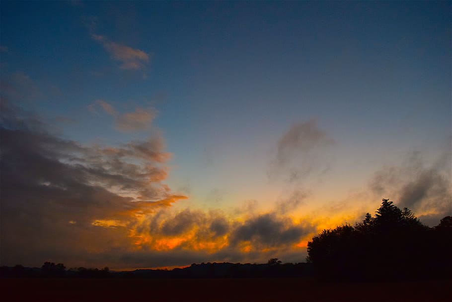 sunset, clouds, horizon, sky, nature, blue, summer, landscape HD wallpaper