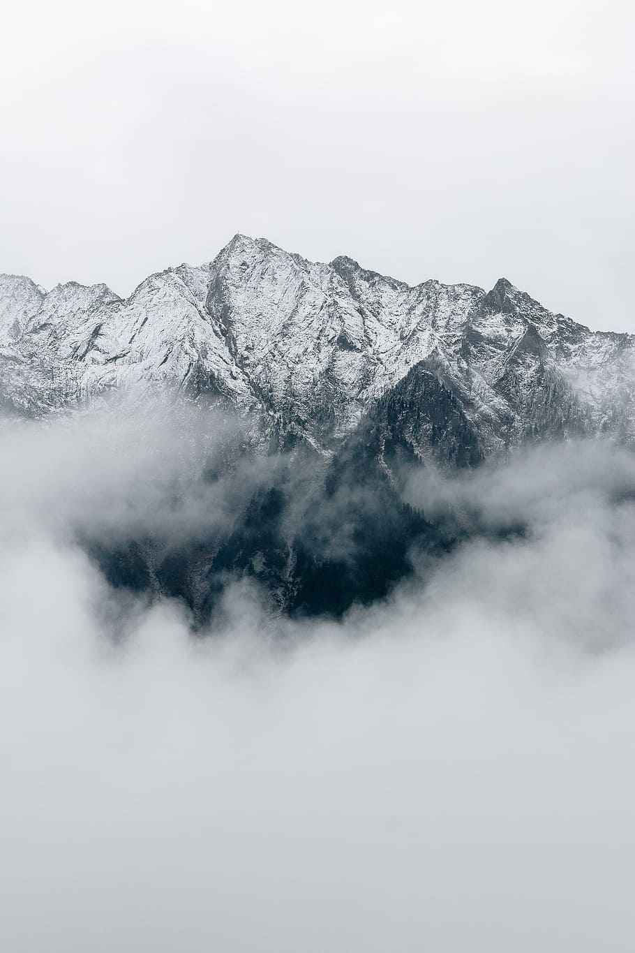 gray mountain covered in fog during daytime, mountain surrounded by cloud HD wallpaper