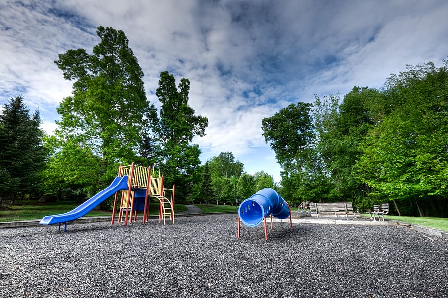 blue and brown slide set under blue cloudy skies, playground, HD wallpaper