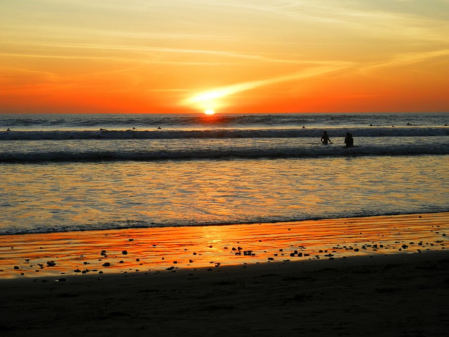 sunset, beach, warm, sand, shore, orange color, sky, water HD wallpaper