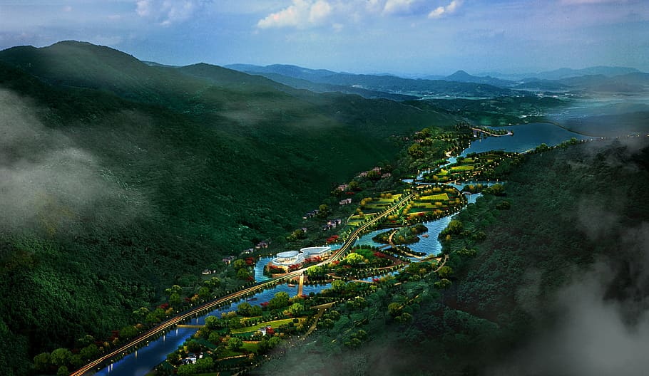 aerial photography of building between mountain, park, rendering HD wallpaper
