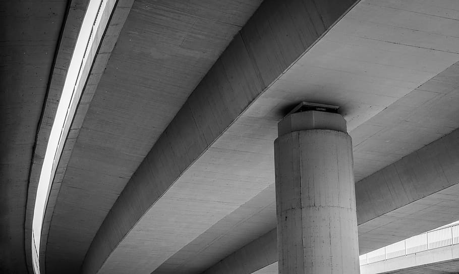 white concrete pillar, bridge, underneath, crossing, infrastructure HD wallpaper