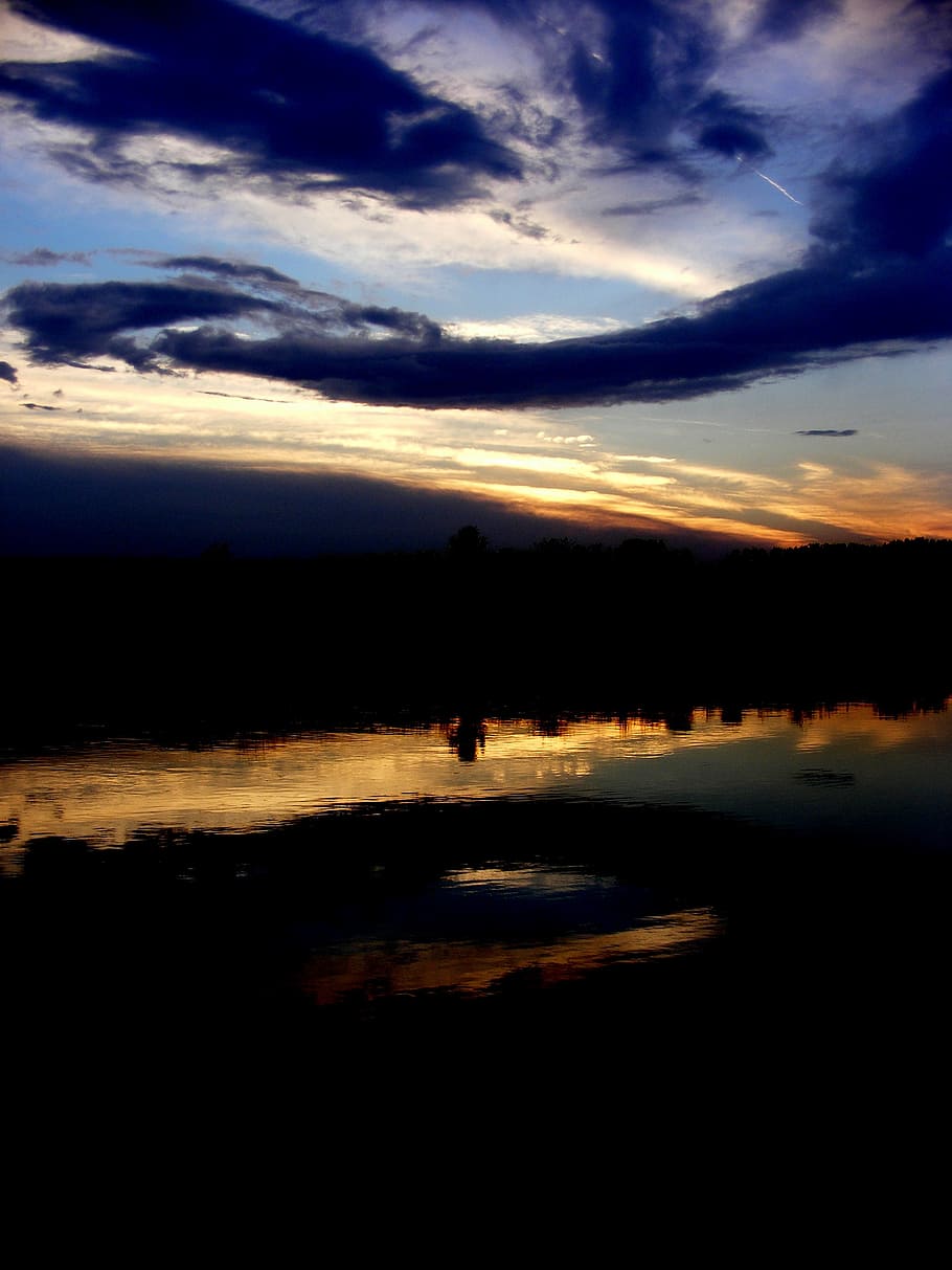 sunset, sky, cloud, in the evening, lake, cloud - sky, silhouette HD wallpaper