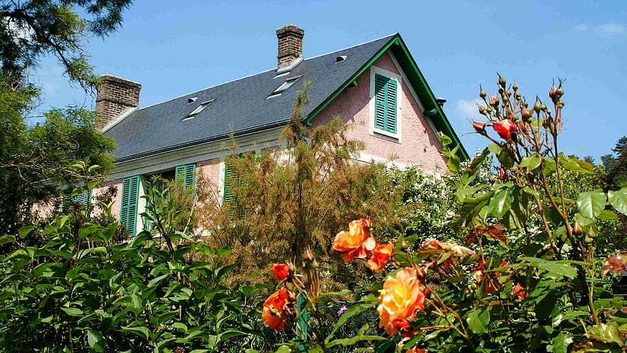 gray house near plants, home, gable, roof, france, giverny, claude monet, HD wallpaper