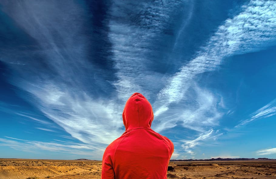 desert, air, clouds, red, yellow, blue, cape, man, leave, rear view HD wallpaper