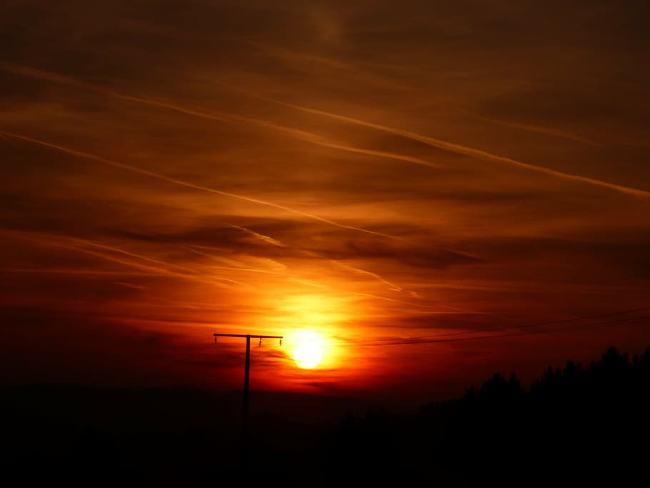 sunset, setting sun, evening, luxembourg, pintsch, utility pole HD wallpaper