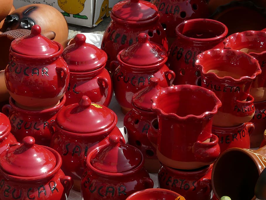 ceramic, kitchen, crockpot, crafts, red, large group of objects HD wallpaper