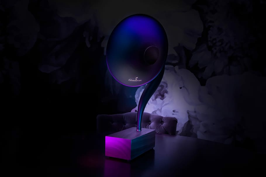 purple table lamp on table, brown gramophone table decor, speaker HD wallpaper