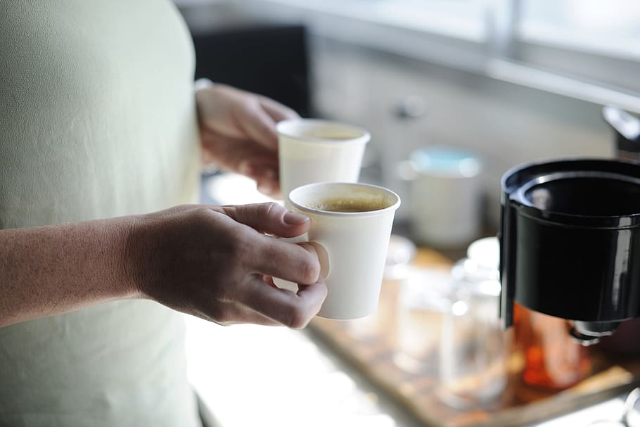 person holding two coffee cups inside room, Beverage, Break HD wallpaper