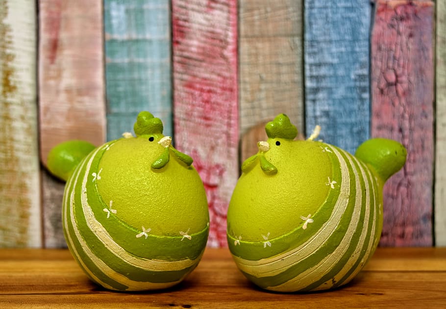 two green chicken toy figurines on surface, easter, chickens HD wallpaper
