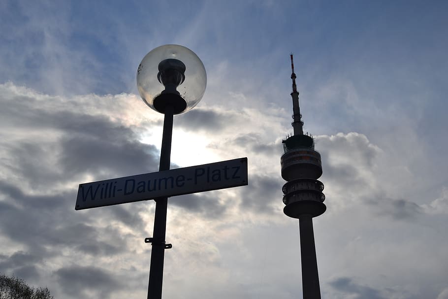 willi-daume, munich, olympic park, tv tower, silhouette, street lamp, HD wallpaper
