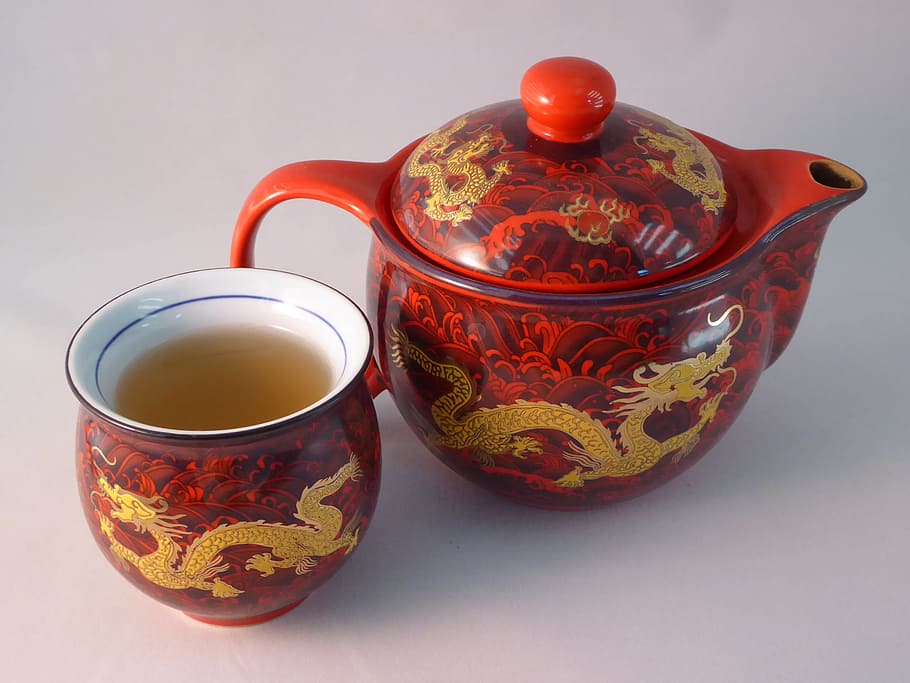 red and brown dragon print teacup beside teapot, tea cup, cup of tea HD wallpaper