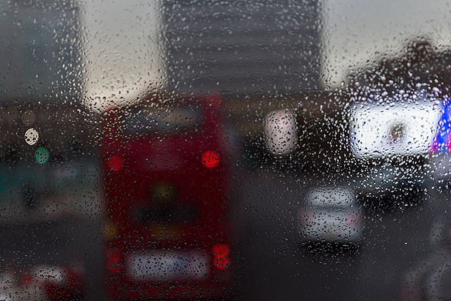 Rain Red Bus, transport, car, street, traffic, raindrop, defocused HD wallpaper