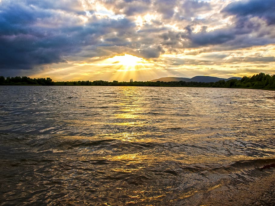 landscape, pond, twilight, sun, sunset, nature, sea, sky, summer HD wallpaper