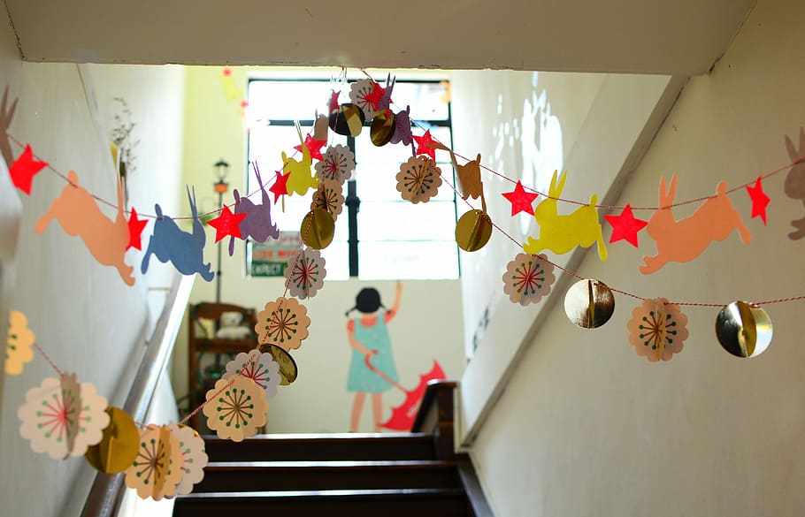 snowflakes and rabbits buntings, indoors, home Interior, decoration HD wallpaper