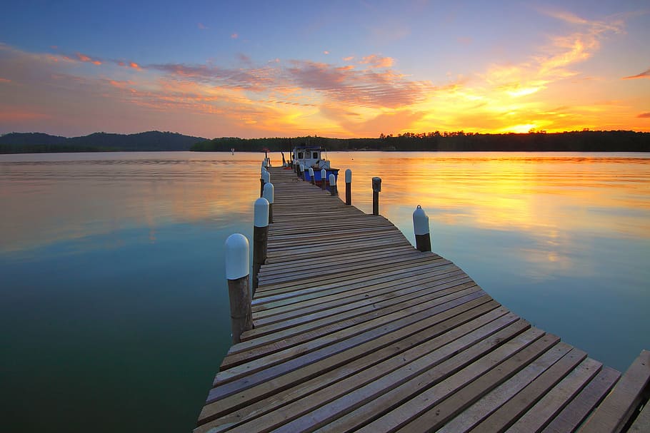 boat, dawn, dock, dusk, jetty, lake, pier, river, sunrise, sunset HD wallpaper