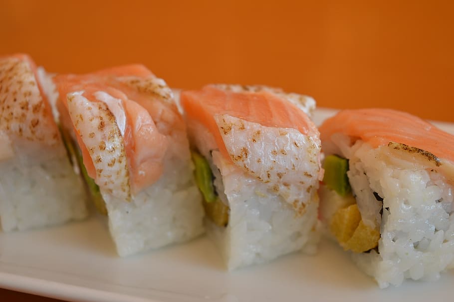 salmon sushi on plate, seafood, fish, japanese, meal, cuisine HD wallpaper