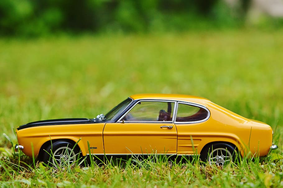 capri, auto, model, oldtimer, vehicles, model car, yellow, black HD wallpaper