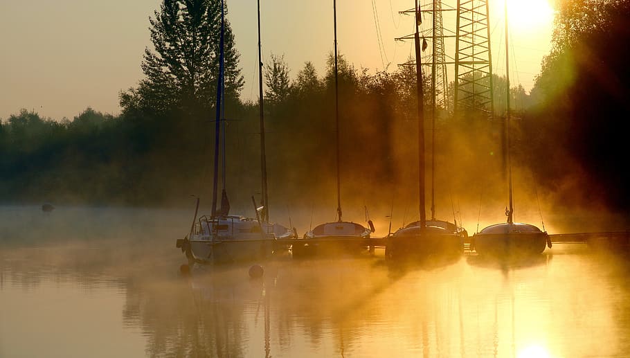 four sailboats on calm body of water during golden hour, sunrise
